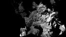 The combination photo of different images taken with the CIVA camera system released by the European Space Agency ESA on Thursday, Nov. 13, 2014 shows Rosetta’s lander Philae as it is safely on the surface of Comet 67P/Churyumov-Gerasimenko, as these first CIVA images confirm. (AP Photo/Esa/Rosetta/Philae)