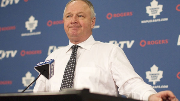 Toronto Maple Leafs head coach Randy Carlyle speaks to the media after his team's 3-0 loss to Carolina Hurricanes following NHL hockey action in Toronto on Tuesday March 27, 2012. The Maple Leafs were officially eliminated from playoffs with the loss. THE CANADIAN PRESS/Chris Young