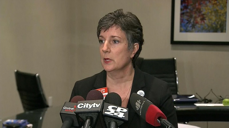 Maureen O'Reilly, president of CUPE Local 4948, speaks to the media in Toronto on Thursday, March 29, 2012.
