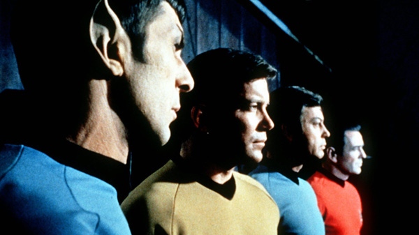 This undated file photo shows actors in the TV series "Star Trek," from left, Leonard Nimoy as Commander Spock, William Shatner as Captain Kirk, DeForest Kelley as Doctor McCoy and James Doohan as Commander Scott. (AP / Paramount Television)