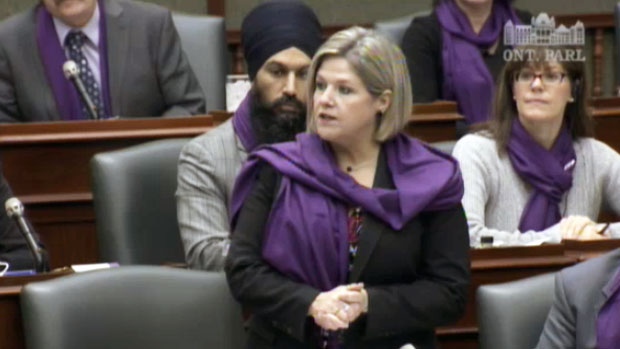 MPPs wearing purple scarves