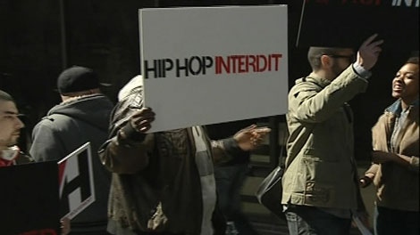 A protest was held at the Montreal courthouse today over a ban on hiphop music at a Pointe-Claire bar.