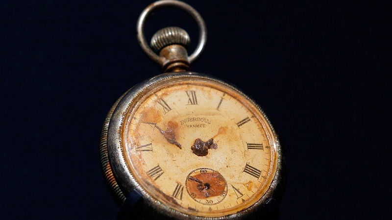 A pocket watch that stopped at 01:50 ships time, half an hour before Titanic sunk, that was recovered from the dead body of Steward Sidney Sedunary, on display at SeaCity Museum in Southampton, England,Tuesday, April 3, 2012.  (AP / Kirsty Wigglesworth)