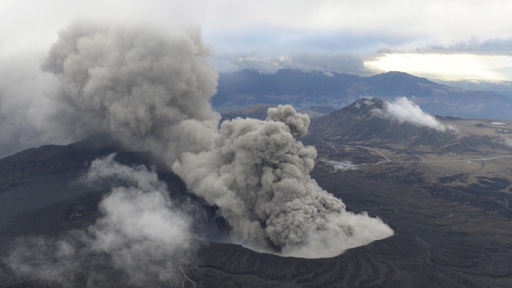 Volcanic smoke billows from Mount Aso