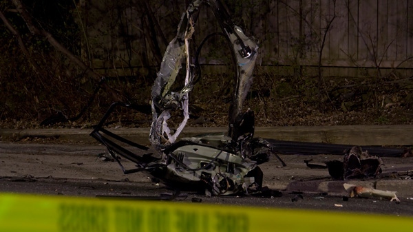 One person is dead following a single-vehicle car crash on Mount Pleasant Rd., Tuesday, April 3, 2012. (Tom Stefanac  / CTV News)