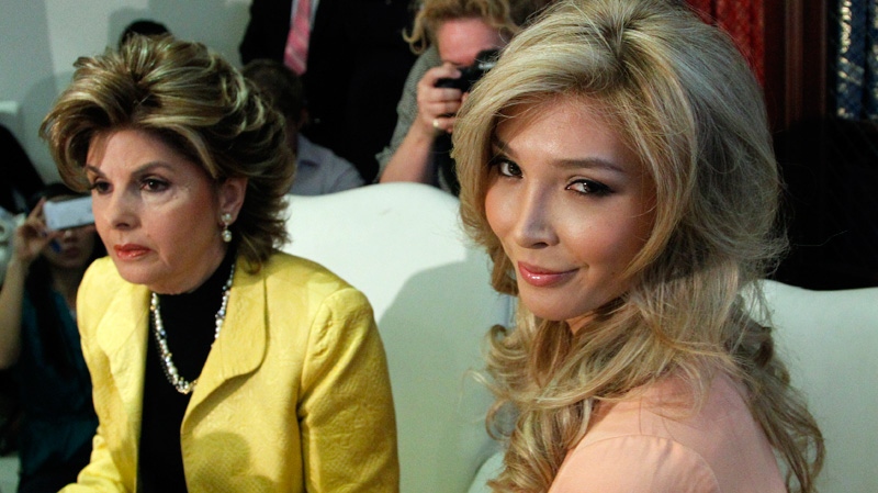 Jenna Talackova, right, who advanced to the finals of the Miss Canada competition, part of the Miss Universe contest, and was recently forced out of the competition, appears with her attorney Gloria Allred at a news conference in Los Angeles Tuesday, April 3, 2012.(AP / Reed Saxon)