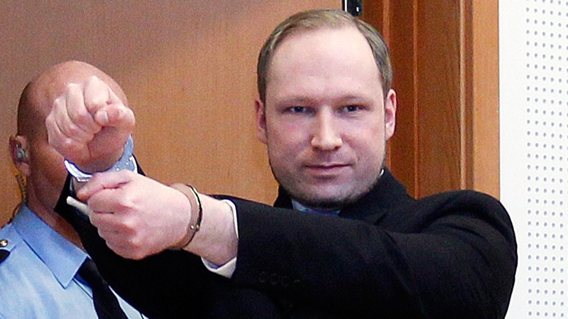 Anders Behring Breivik, a right-wing extremist who confessed to a bombing and mass shooting that killed 77 people on July 22, 2011, arrives for a detention hearing at a court in Oslo, Norway on Monday, Feb. 6, 2012. (AP / Heiko Junge, Scanpix Norway)