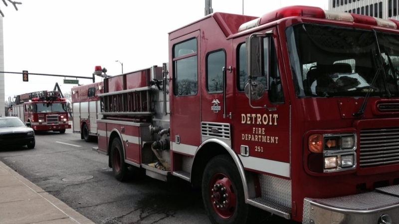 Detroit fire trucks parked outside of the Coleman Young Building as a power outage impacted parts of downtown Detroit. (Bob Bellacicco / CTV Windsor) 