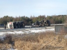 A tractor-trailer rolled over on Highway 11 in Orillia - north of Coldwater Rd. - on Thursday December 4, 2014. (Geoff Bruce / CTV Barrie)