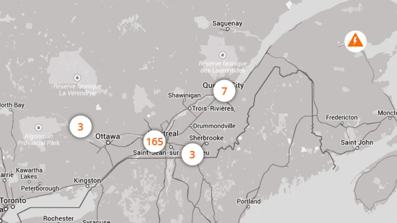 This map shows the areas affected by a major Hydro Quebec outage as of 4 p.m. Thursday.At the height of the outage, 188,000 customers were without power. (Screen capture)