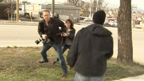 Deb Foerster and an unidentified man attacked members of the media outside a Vernon courthouse on Wednesday, April 11, 2012. (CTV)