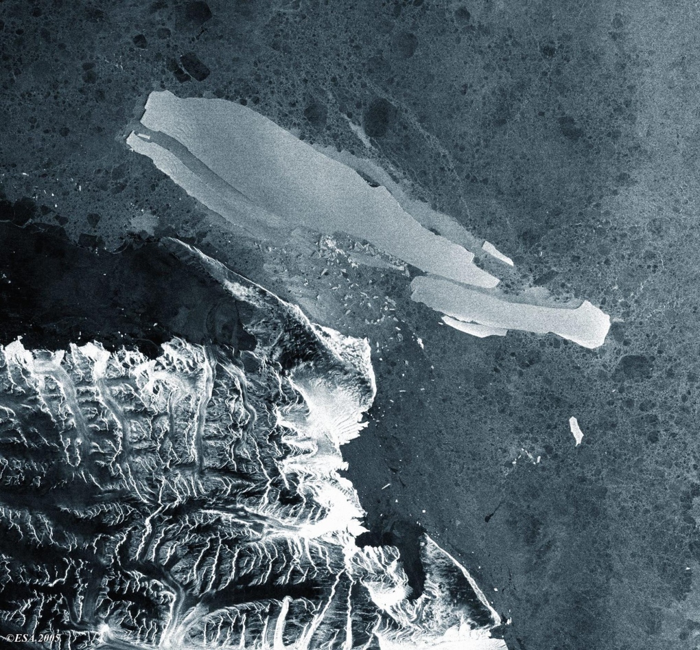This image provided by the European Space Agency satellite Envisat on Monday, Nov 7, 2005, shows the break-up of B-15A iceberg in progress off Cape Adare on Oct 30, 2005, as seen Envisat's ASAR in Wide Swath Mode.