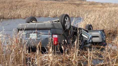 An SUV involved in a fatal rollover Friday near Fenwood, Sask. is seen in this photo provided by RCMP.