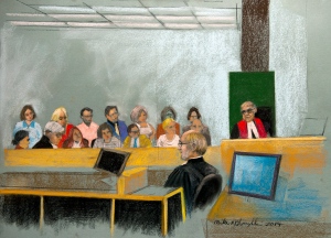 An artist's sketch shows Quebec Superior Court Justice Guy Cournoyer instructing the jury at the murder trial for Luka Rocco Magnotta in Montreal, Monday, Dec. 15, 2014. (Mike McLaughlin / THE CANADIAN PRESS)