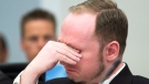 Norwegian Anders Behring Breivik, who is facing terrorism and premeditated murder charges, reacts as a video presented by the prosecution is shown in court, Oslo, Norway, Monday, April 16, 2012.  (AP / Heiko Junge)