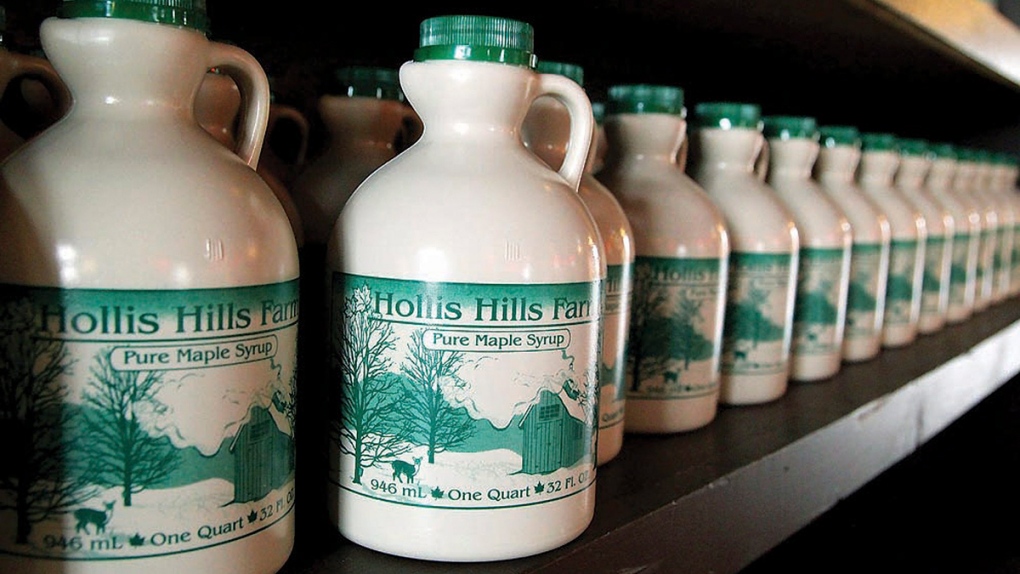 Bottles of farm-produced maple syrup 