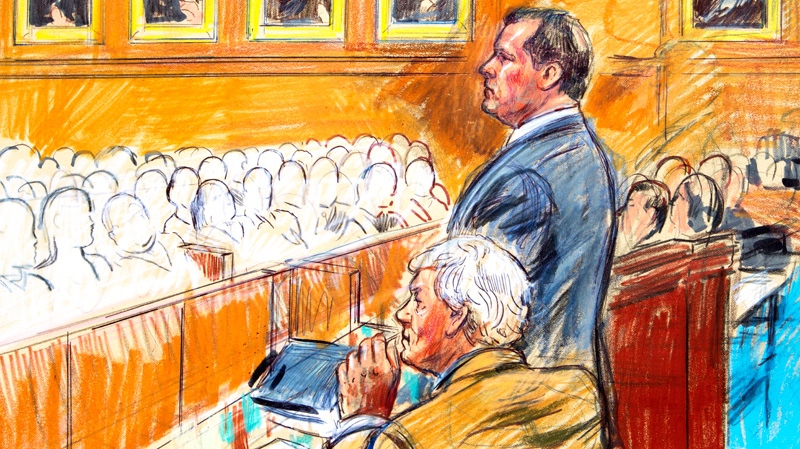 This artist rendering shows former Major League Baseball pitcher Roger Clemens, standing, and his attorney Rusty Hardin, front left, facing prospective jurors inside federal court in Washington, Monday, April 16, 2012. (AP / Dana Verkouteren)