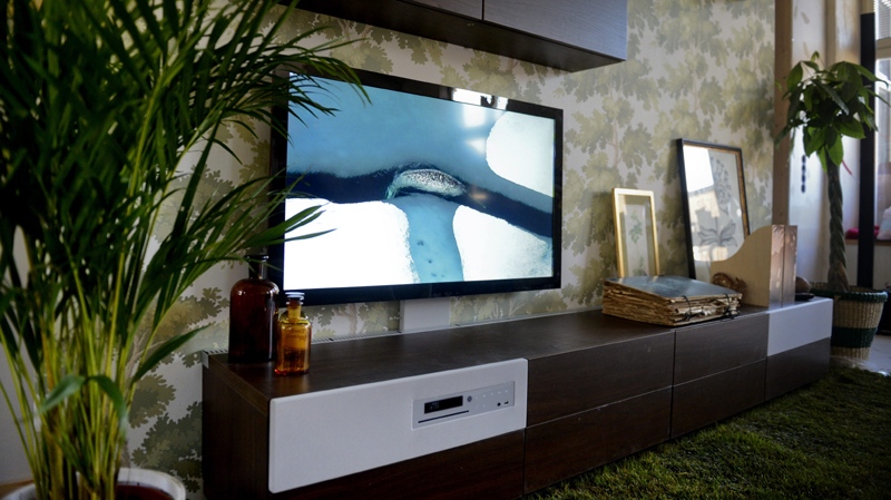 LED TV and sound system integrated in the furniture are part of a mock-up for Swedish home furniture firm IKEA's venture into home electronics, shown to the press in Stockholm on April 16, 2012.