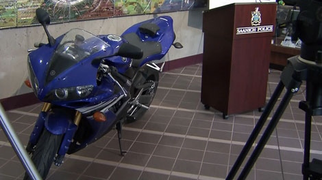 A 2006 blue Yamaha R1 motorcycle has been seized by Saanich police in connection to a YouTube video showing a bike speeding at close to 330 kilometres per hour. April 19, 2012. (CTV)