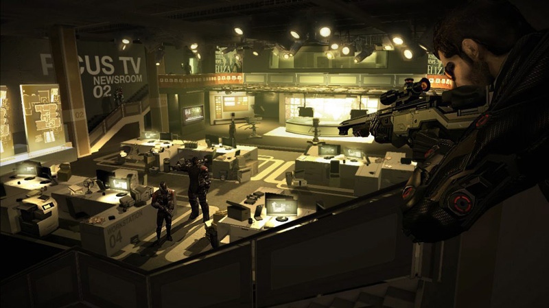 In this video game image released by Square Enix, Spy Adam Jensen looks for clues in a media company�s headquarters in a scene from, �Deus Ex: Human Revolution.� 