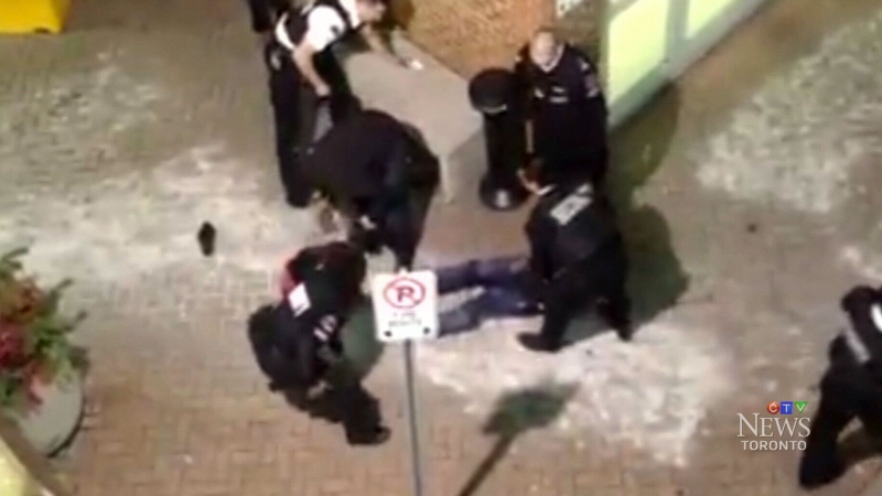 A video shot at a GTA mall shows a security guard kicking and kneeing a man, raising questions about whether the guard went too far.