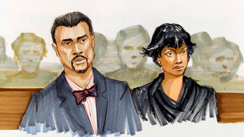 This courtroom sketch shows Jennifer Hudson right, and her fiance David Otunga looking on in the courtroom during the first day of William Balfour's murder trial at the Cook County Criminal Court in Chicago, Monday, April 23, 2012. (AP / Tom Gianni)