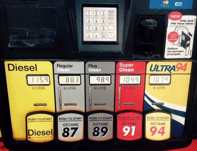 Gas prices are shown at a gas station in Beaverton, Ontario, on Saturday Dec. 20, 2014. (Doug Ives / THE CANADIAN PRESS)