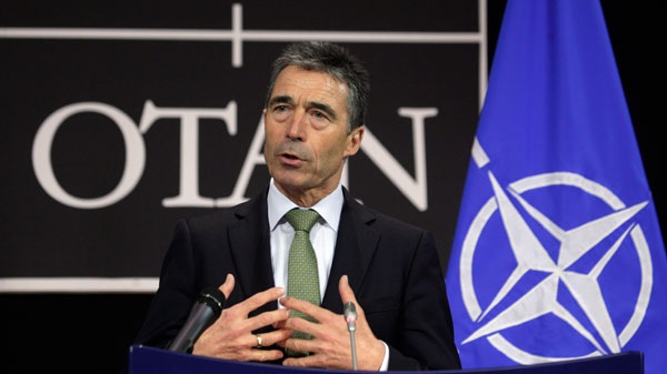 NATO Secretary General Anders Fogh Rasmussen speaks during a media conference after a meeting of foreign and defense ministers at NATO headquarters in Brussels on Thursday, April 19, 2012. (AP / Virginia Mayo)