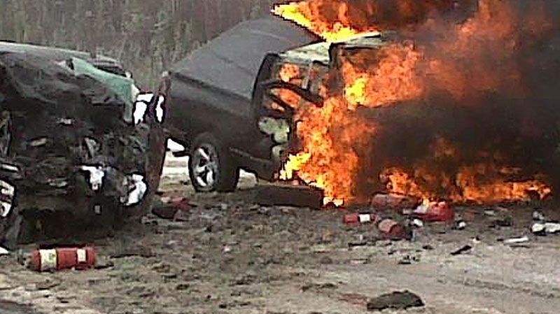A photo of the crash on Hwy 63, taken shortly after the collision took place on Friday, April 27. Courtesy: Twitter.