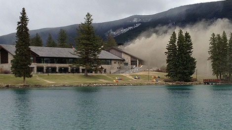 Fire crews battle a fire on the roof of the Jasper Park Lodge main lodge on Tuesday, May 1. Photo courtesy: D. Krueger & P. Frigon