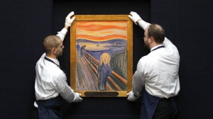 Edvard Munch's 'The Scream' is seen as it is hung for display at Sotheby's Auction Rooms in London, Thursday, April 12, 2012. 