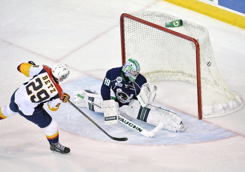In this file photo, Erie Otters right wing Nick Betz (29) scores on Plymouth Whalers goaltender Alex Nedeljkovic at Erie Insurance Arena in Erie, Pa. on Wednesday, Nov. 19, 2014. (AP Photo/Erie Times-News, Andy Colwell)