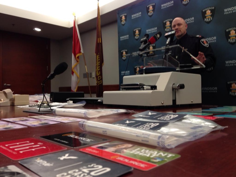 Windsor police Sgt. Matt D'Asti shows some of the items from a fake credit card lab in Windsor, Ont., Jan. 15, 2015. (Michelle Maluske / CTV Windsor)