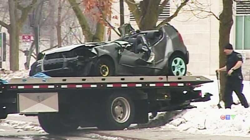 The car involved in a fatal crash on Perth Dr. in London, Ont. is seen on Sunday, Jan. 18, 2015.