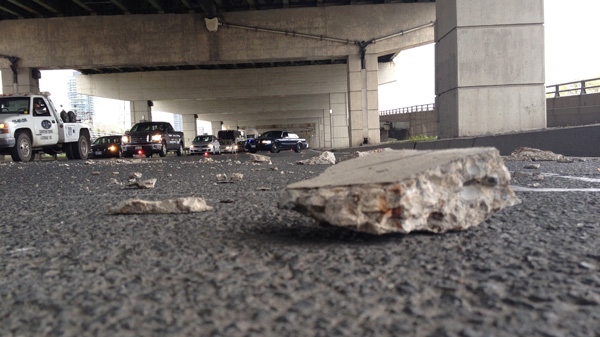 A portion of Lakeshore Boulevard was closed Monday after concrete fell from the Gardiner Expressway, Monday, May 7, 2012. (Danny Pinto / CTV News)