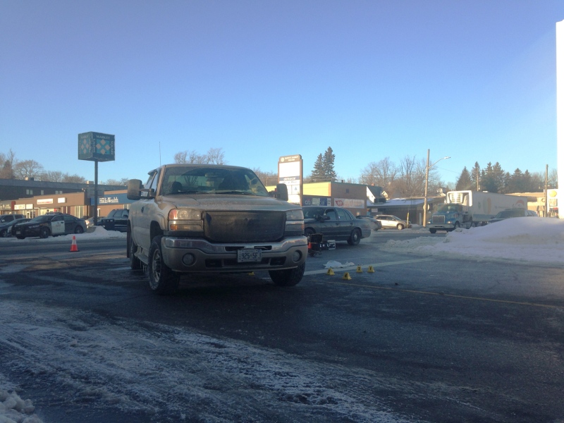 A pedestrian was hit by a pickup truck at Inkerman Street and Wallace Avenue in Listowel, Ont., on Tuesday, Jan. 20, 2015. (Krista Simpson / CTV Kitchener)