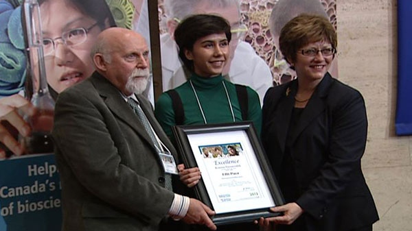 17-year-old Romina Hassanzadeh accepts fifth place $1,000 prize at national Sanofi BioGenius Challenge in Ottawa on May 8, 2012.