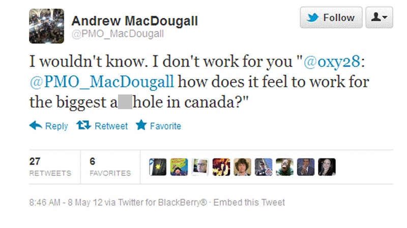 A Tweet from Prime Minister Stephen Harper's Director of Communications Andrew Macdougall is seen on Monday, May 8, 2012.