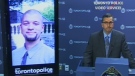 Det. Sgt. Gary Giroux, right, of the Toronto police homicide squad speaks to reporters Thursday, May 10, 2012, about the slaying of 32-year-old James Massey, pictured at left. 