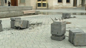 Damaged concrete posts at Regina's City Square Plaza are seen in this photo taken Monday.