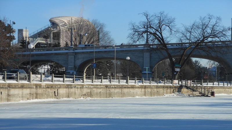 Bank Street bridge and TD Place from the Rideau Canal Skateway in Ottawa. (P. Seguin/CTV Viewer)