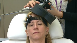 Gail Bellissimo is shown undergoing theta-burst treatment, used to treat depression. 