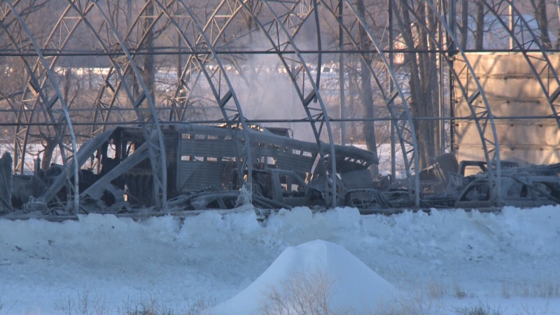 A blaze in Quebec’s Pontiac region caused extensive damage to a hangar that housed numerous vehicles, including RVs, cars, trucks and boats on Sunday, Jan. 25, 2015.  Damage is estimated at several thousand dollars.
