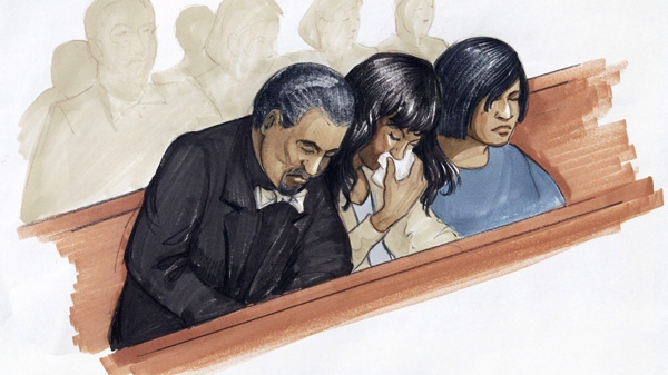 In this courtroom sketch, singer and actress Jennifer Hudson, center, along with her fiance David Otunga, and sister Julia Hudson react in court in Chicago, Friday, May 11, 2012. (AP Photo/Tom Gianni)