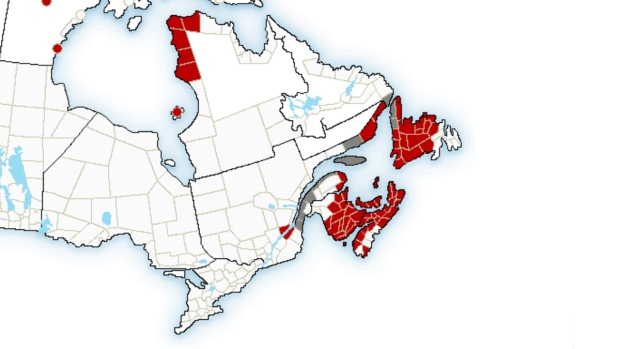 Map of eastern Canada snow alerts