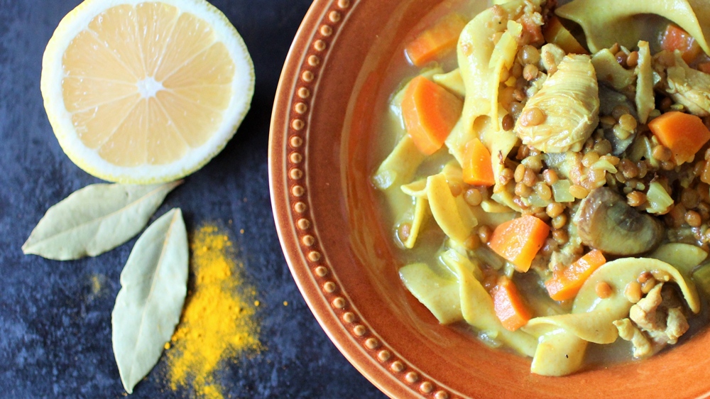 Hearty chicken noodle soup with turmeric