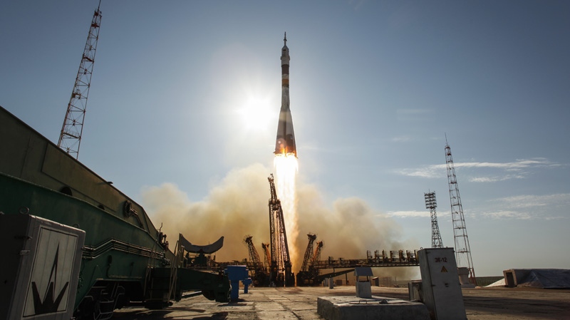 In a photo provided by NasaThe Soyuz TMA-04M rocket launches from the Baikonur Cosmodrome in Kazakhstan on Tuesday, May 15, 2012 carrying Expedition 31 Soyuz Commander Gennady Padalka, NASA Flight Engineer Joseph Acaba and Flight Engineer Sergei Revin to the International Space Station. (AP Photo/NASA, Bill Ingalls)