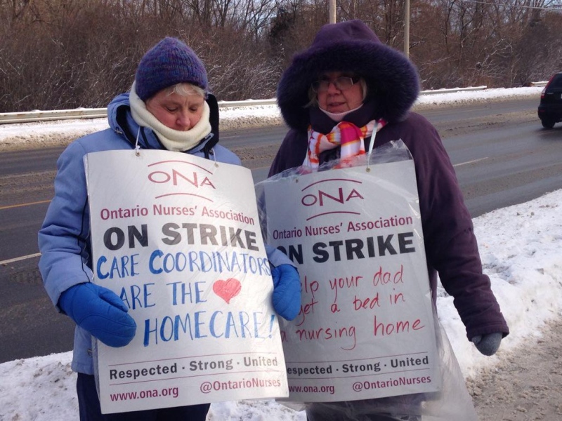 Health care workers strike outside the CCAC in London, Ont., Jan.30, 2015. (Cristina Howorun / CTV London)