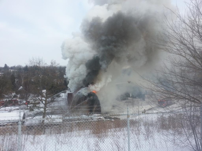 The livestock barn is engulfed in flames at Storybrook Gardens in London, Ont., Feb.3, 2015. (CTV London)