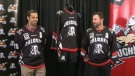 Calgary Roughnecks alternate captains Mike Carnegie and Geoff Snider wearing the team's third jersey